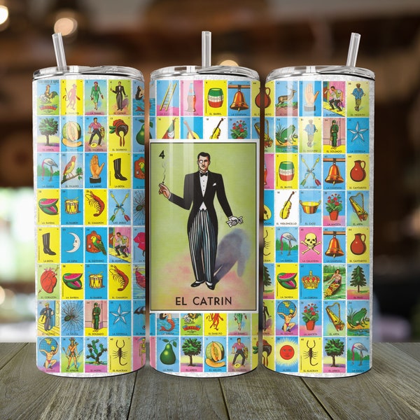 El Catrín Gentleman Loteria Mexico Mexican Game Cards Background Coffee Colorful 20 Ounce Skinny Tumbler Drinkware Hot Cold Cup with Straw