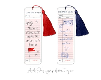 Cute Library Card Dark Romance Romantasy Book Club Metal Bookmark Reading Gifts Bookmark with Tassel Set of Two (2)