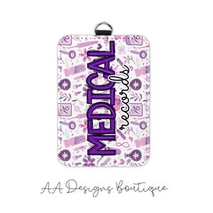 May include: A white and purple medical records badge holder with a black lanyard. The badge holder has a repeating pattern of medical tools and floral elements. The words "MEDICAL records" are in purple.
