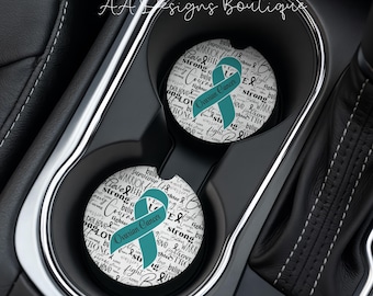 Ovarian Cancer Awareness Teal Ribbon Hope Strength Set of Two (2) Car Coasters Neoprene or Ceramic for Drinks Vehicle Accessories Gift
