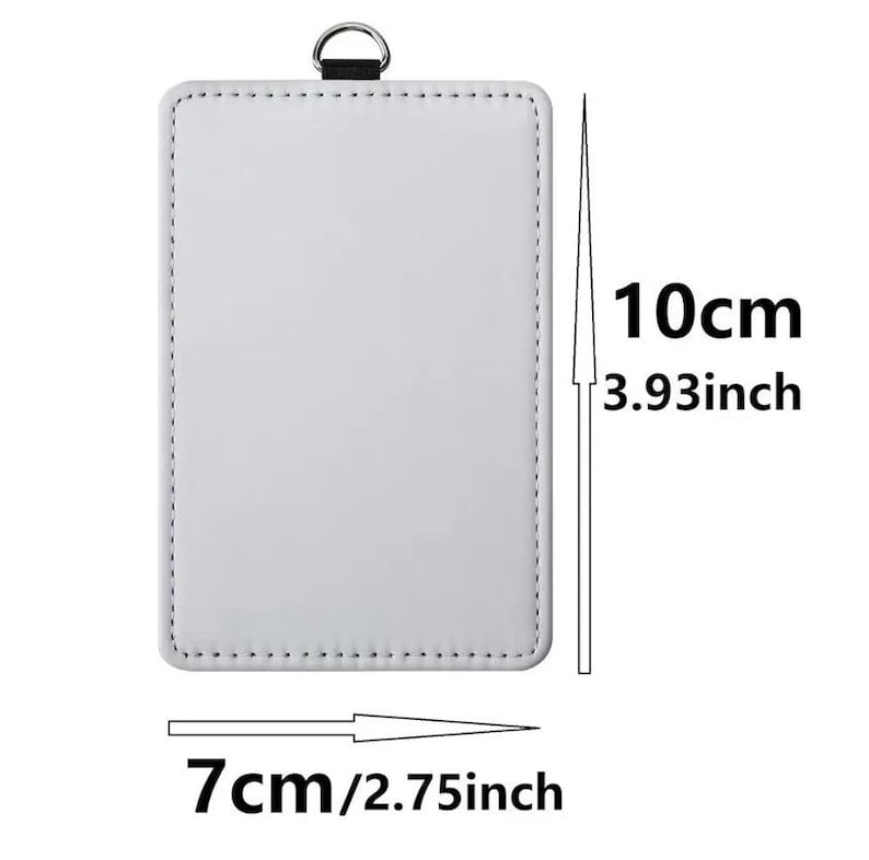 May include: A rectangular white badge holder with stitched edges and a silver metal D-ring at the top. The holder measures 3.93 inches in height and 2.75 inches in width, as indicated by the text and arrows displayed next to the object.