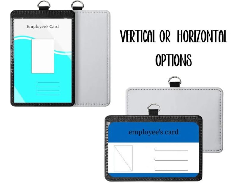 May include: A black and white badge holder set featuring both vertical and horizontal orientations. The vertical holder displays an employee's card with a blue wave design, while the horizontal holder shows a blue employee's card. Text reads VERTICAL OR HORIZONTAL OPTIONS.