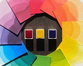 Primary Watercolour Set. Bright watercolor half pan paint trio.
