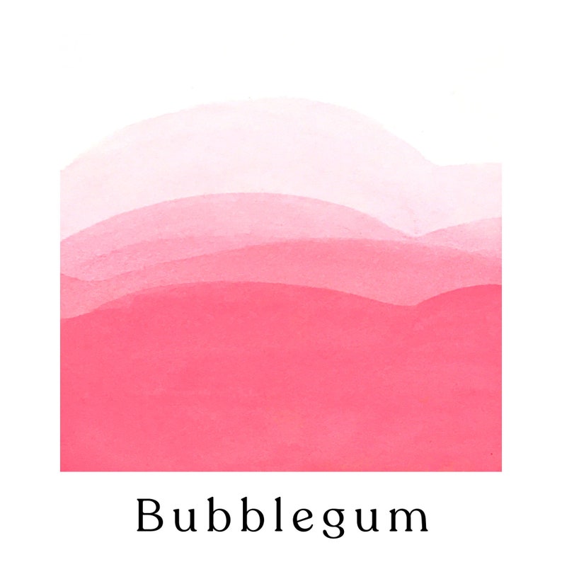 May include: A watercolor painting of a pink and white gradient with the word "Bubblegum" written below it.