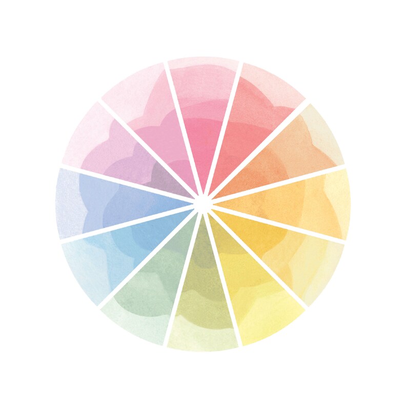 May include: A watercolor color wheel with 12 sections, each section is a different pastel color. The colors are arranged in a circle, with the center of the circle being white.