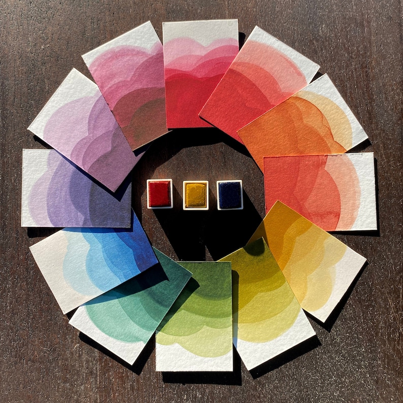 May include: A collection of watercolor paint swatches arranged in a circle, showcasing a spectrum of colors from purple to yellow-green. Three small paint pans in red, gold, and blue are in the center. The swatches are on white paper, set against a dark wood surface.