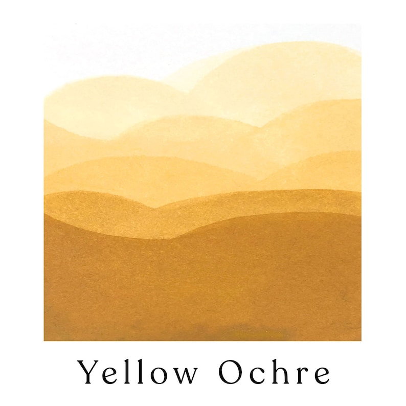 May include: Abstract watercolor painting in shades of yellow ochre. The artwork depicts layered, undulating shapes, creating a landscape effect. The text "Yellow Ochre" is displayed at the bottom of the image.