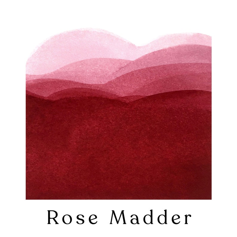 May include: A watercolor painting with a gradient of red hues, from light pink to deep burgundy, resembling layered hills. The text "Rose Madder" is written in a serif font at the bottom of the image.
