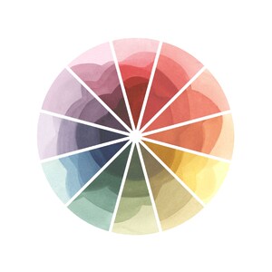May include: Watercolor color wheel illustration. The circular design features twelve segments, each displaying a different color gradient. The colors range from cool blues and greens to warm reds and yellows, with a white background.