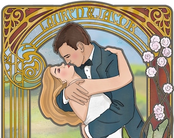 Art Nouveau Wedding Portrait Poster, Custom Couple Keepsake
