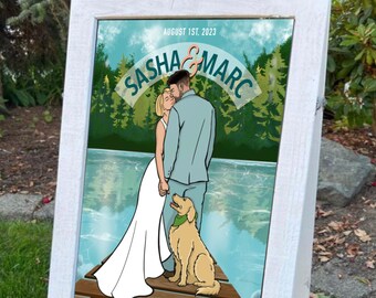 Custom Wedding Poster, Outdoor Wedding Decor, Rustic Bride & Groom Illustration, Personalized Portrait for Couple, Cottage Core, Name Sign