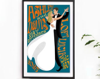 Retro Wedding Custom Print Poster, 70's Personalized Keepsake Art, Unique Reception Sign, Anniversary Gift, Bride & Groom, Couple Portrait