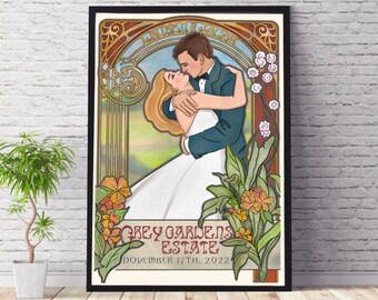 Custom Art Nouveau Wedding Poster, Personalized Art Deco Couple Gift