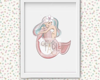 Little Mermaid Art Print, Seaside Nursery Decor (Digital Download)