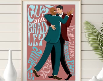 Retro 70's Wedding Poster, Personalized Couple Illustration (Digital Download)