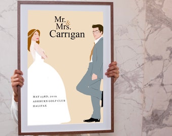 Custom Wedding Poster, Bride and Groom Illustration, Mr & Mrs Smith Portrait, Minimalist Reception Decor, Personalized Wedding, Unique Gift