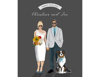 Custom Wedding Portrait Poster, Personalized Bride Groom and Dog (Digital Download)