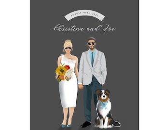 Custom Wedding Sign, Personalized Bride and Groom with Dog, Anniversary Art, Reception Sign, Gift for Couple, Guestbook Idea, Minimalist