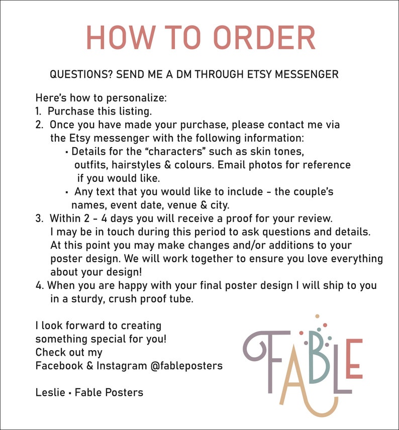 May include: How to order a personalized poster.  The text includes instructions on how to contact the seller through Etsy messenger to customize the poster with details such as character skin tones, outfits, hairstyles, and colors.  The text also includes instructions on how to include the couple's names, event date, venue, and city.  The text also mentions that a proof will be sent within 2-4 days and that the seller will work with the buyer to ensure they love the final design.  The text also mentions that the poster will be shipped in a sturdy, crush-proof tube.  The image also includes the text "FABLE" in a colorful, stylized font.
