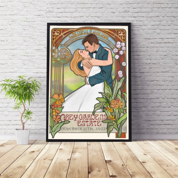 Custom Art Nouveau Wedding Poster, Personalized Art Deco Couple Gift