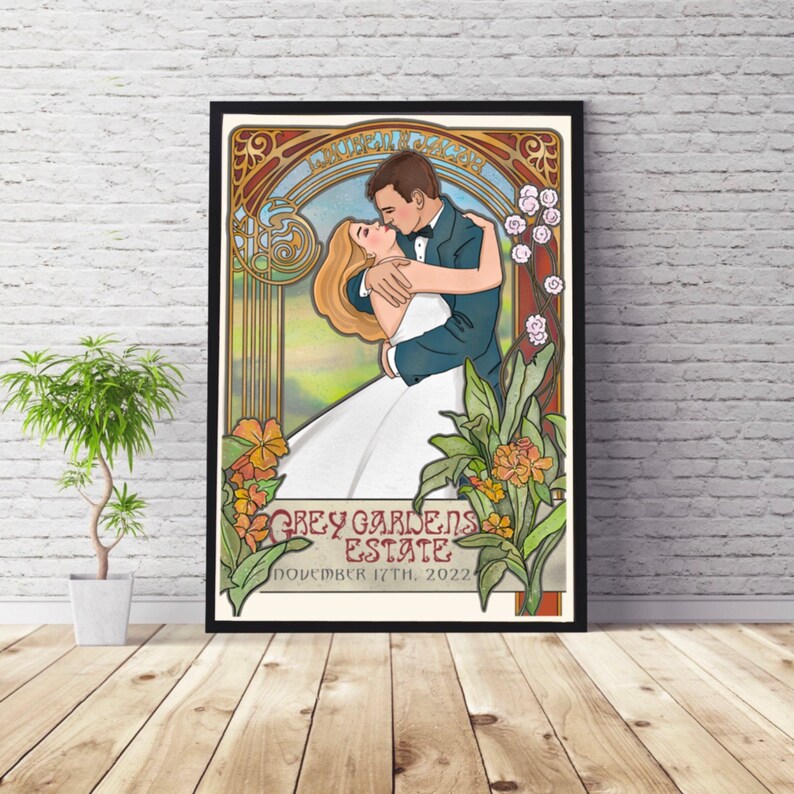 Custom Art Nouveau Wedding Poster, Personalized Art Deco Couple Gift image 1