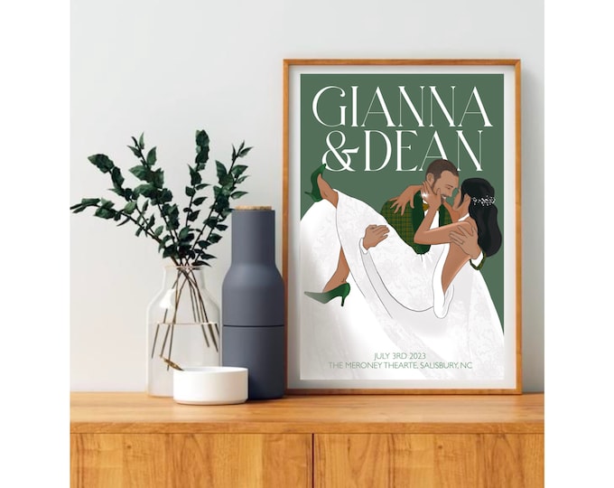 Retro bruiloft aangepaste print poster, gepersonaliseerde aandenken kunst, uniek ontvangstbord, jubileumcadeau, bruid & bruidegom, paarportret