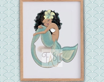 Black Mermaid Art Print, Seaside Nursery Decor (Digital Download)