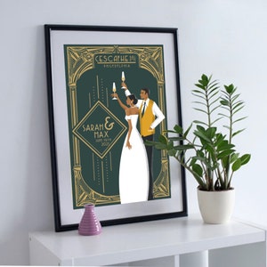 Pôster de casamento personalizado, ilustração de noivos, retrato de Gatsby, decoração de recepção em estilo Art Nouveau, presente de casamento personalizado, presente para ela