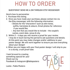May include: How to order a personalized poster from Fable Posters.  Instructions include purchasing the listing, contacting the seller via Etsy messenger with details about the characters, and providing text to include.  The seller will provide a proof for review within 2-4 days.  The final poster will be shipped in a sturdy, crush-proof tube.  The image includes the logo for Fable Posters.