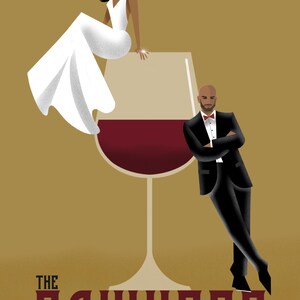 May include: A wedding invitation with a stylized illustration of a couple standing on a wine glass. The text reads "The Sawyers September 3rd, 2024".