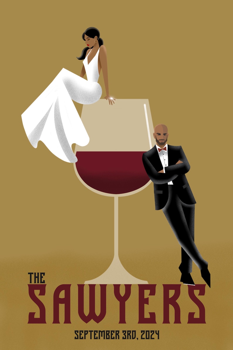 May include: A wedding invitation with a stylized illustration of a couple standing on a wine glass. The text reads "The Sawyers September 3rd, 2024".
