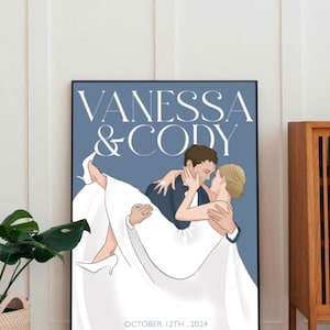 以下が含まれることがあります： 青い背景に抱き合うカップルが描かれた結婚式の招待状。テキストには「Vanessa & Cody」と「October 12th, 2024 Four Seasons, Chicago」と記載されています。