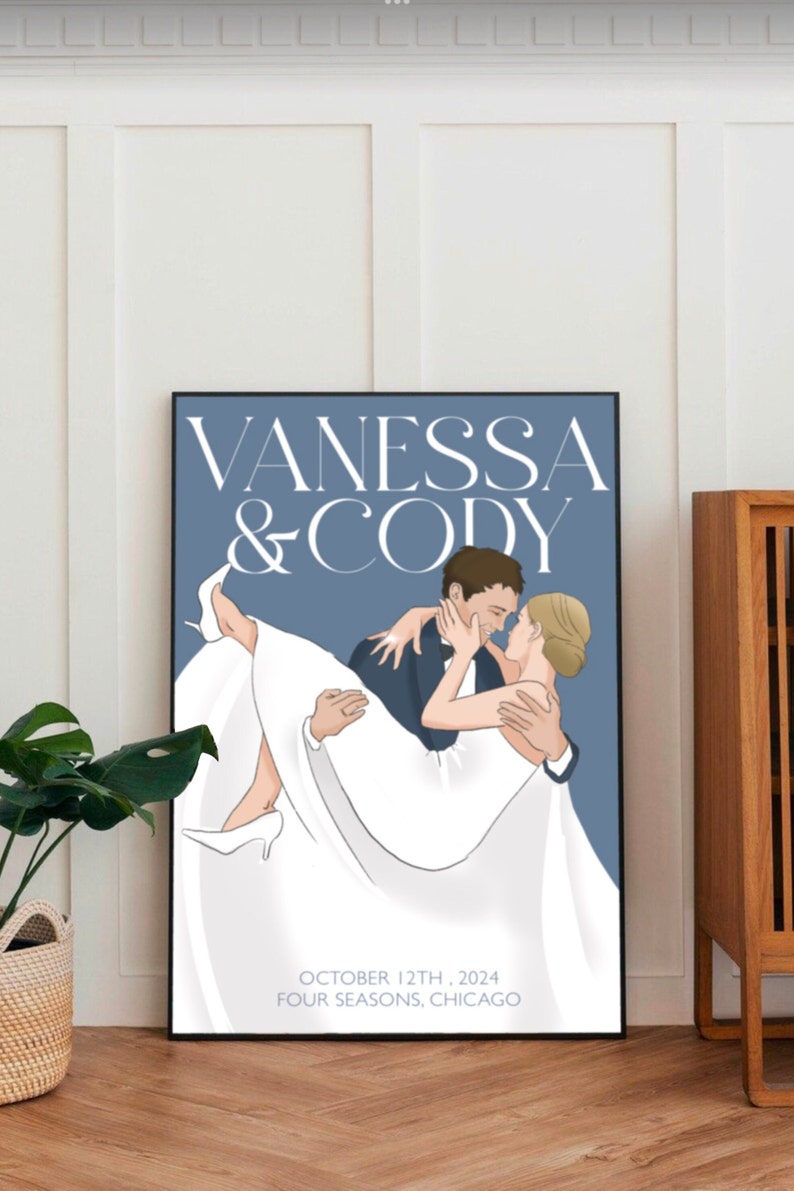 以下が含まれることがあります： 青い背景に抱き合うカップルが描かれた結婚式の招待状。テキストには「Vanessa & Cody」と「October 12th, 2024 Four Seasons, Chicago」と記載されています。