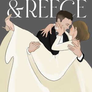 以下が含まれることがあります： 抱き合っているカップルが白黒で描かれた結婚式の招待状。テキストには「Allison & Reece」と「Gramercy Mansion August 14th, 2023」と書いてあります。