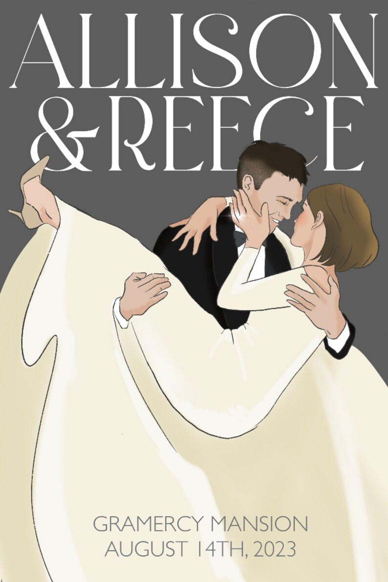 以下が含まれることがあります： 抱き合っているカップルが白黒で描かれた結婚式の招待状。テキストには「Allison & Reece」と「Gramercy Mansion August 14th, 2023」と書いてあります。