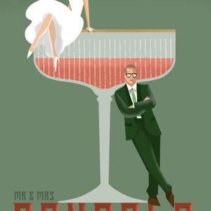 May include: A wedding announcement illustration featuring a bride and groom. The bride is sitting on the rim of a large wine glass, while the groom leans against the glass. The text reads "Mr. & Mrs. Penfold, July Thirteenth, 2025".