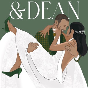 以下が含まれることがあります： 緑色の背景に白い文字で「Gianna & Dean」と大きく書かれた結婚式の招待状。画像には、白いドレスを着た女性と緑色の格子柄のスーツを着た男性が抱き合っているカップルが写っている。下部のテキストには「July 3rd 2023 The Meroney Theatre, Salisbury, NC」と記載されている。