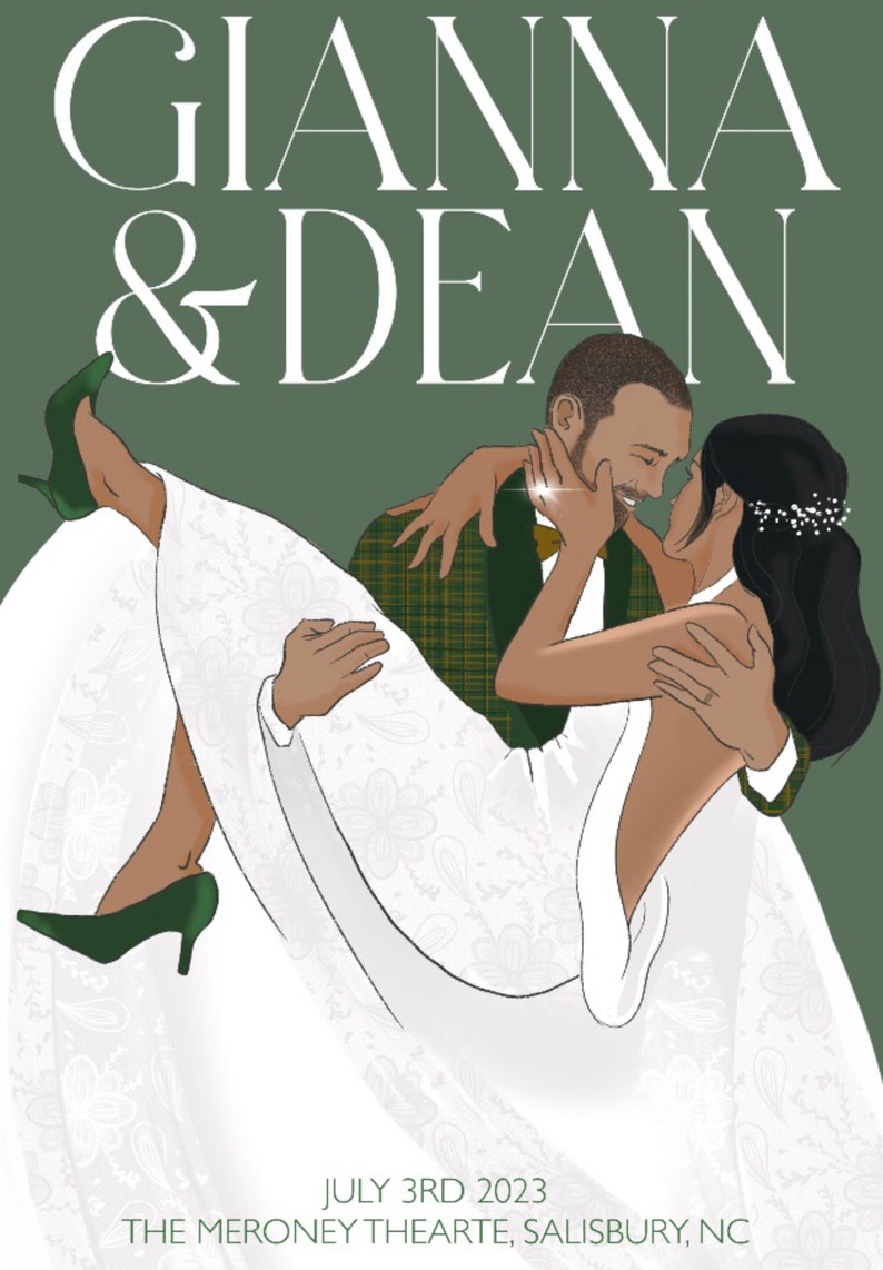 以下が含まれることがあります： 緑色の背景に白い文字で「Gianna & Dean」と大きく書かれた結婚式の招待状。画像には、白いドレスを着た女性と緑色の格子柄のスーツを着た男性が抱き合っているカップルが写っている。下部のテキストには「July 3rd 2023 The Meroney Theatre, Salisbury, NC」と記載されている。