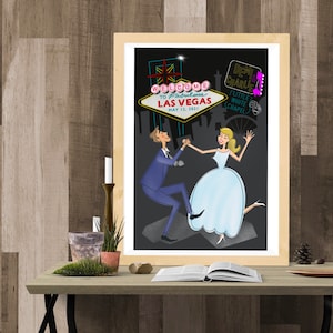 Retro casado en Las Vegas, cartel de impresión personalizada de boda, arte de recuerdo personalizado de los años 70, ilustración moderna de novias y novios de mediados de siglo
