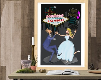 Retro Las Vegas Wedding Poster, 70s Style Custom Illustration