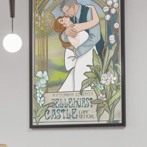 May include: A wedding announcement poster with an art deco design. The poster features a couple kissing in front of a green landscape. The text on the poster reads "Monica & Frank, September 27, 2022, Bellehurst Castle, Lake Genoa."
