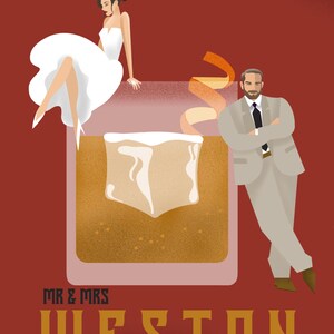 May include: A wedding invitation with a stylized illustration of a couple standing on top of a glass of whiskey. The text reads "Mr. & Mrs. Weston" and "August 12th, 2024".