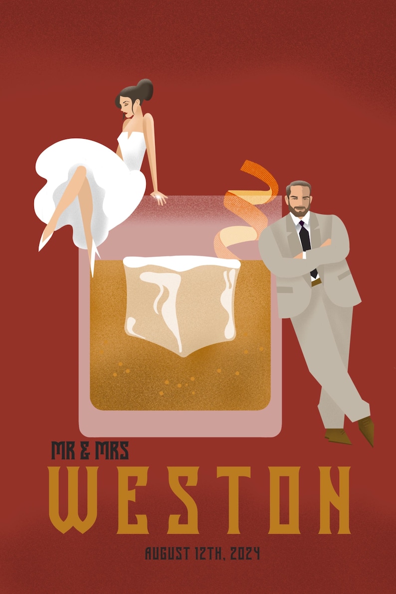 May include: A wedding invitation with a stylized illustration of a couple standing on top of a glass of whiskey. The text reads "Mr. & Mrs. Weston" and "August 12th, 2024".