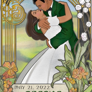 May include: A wedding invitation with an art deco design featuring a couple kissing. The invitation reads "Padma & Karen" and "May 21, 2022 Mansion on Forsyth Savannah".