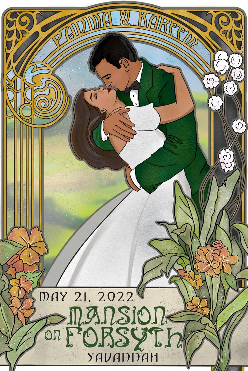 May include: A wedding invitation with an art deco design featuring a couple kissing. The invitation reads "Padma & Karen" and "May 21, 2022 Mansion on Forsyth Savannah".