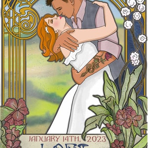May include: A wedding invitation with an art deco design featuring a couple embracing. The invitation is for the wedding of  "Loft Lucia" on January 14th, 2023 in Chicago, Illinois.