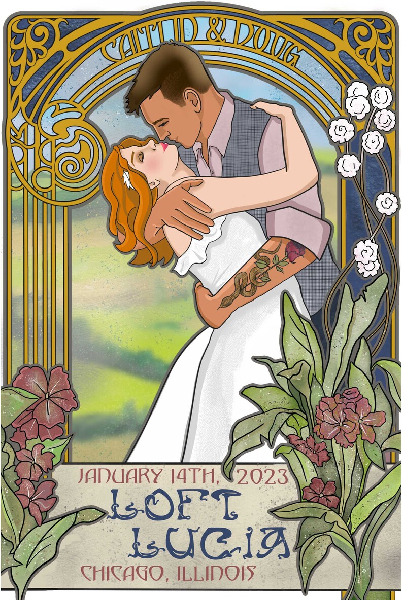 May include: A wedding invitation with an art deco design featuring a couple embracing. The invitation is for the wedding of  "Loft Lucia" on January 14th, 2023 in Chicago, Illinois.