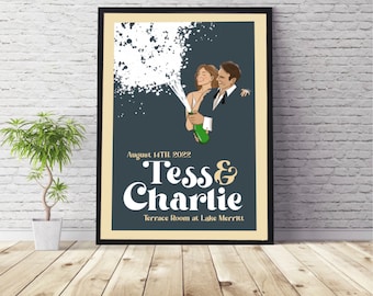 Retro Wedding Print Poster, Personalized Keepsake Art, Wedding Decor, Reception Sign, Anniversary Gift, Bride & Groom, Couple Portrait