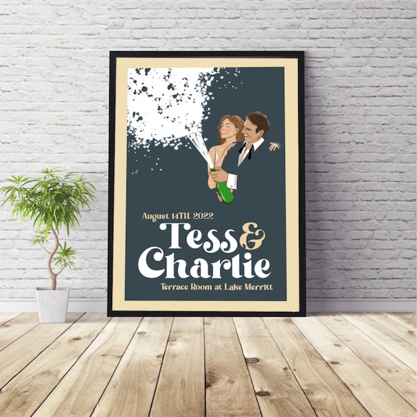 Retro Wedding Print Poster, Personalized Keepsake Art, Wedding Decor, Reception Sign, Anniversary Gift, Bride & Groom, Couple Portrait