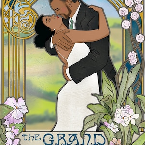 May include: A wedding invitation with an art deco design featuring a couple kissing in front of a landscape. The text reads "Nina & Jason" and "The Grand Baltimore August 12th 2022".
